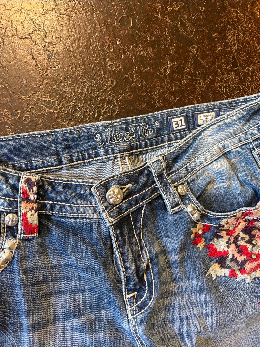 Miss Me Blue Denim Boot Cut Jeans with Floral Embroidery